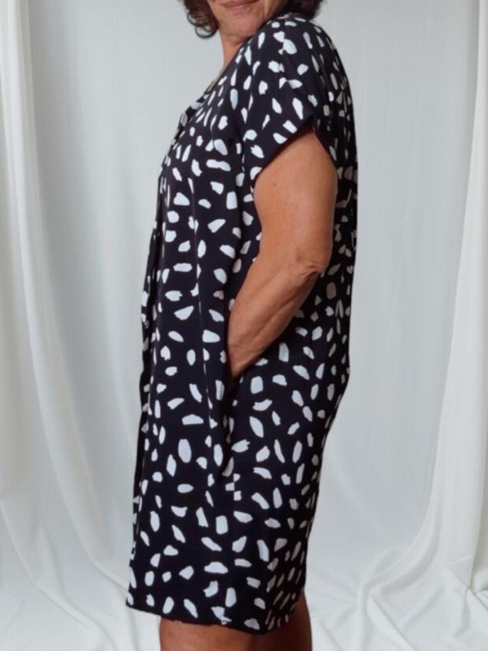 Umgee Dalmatian Navy Print Short Folded Sleeve Babydoll Dress M